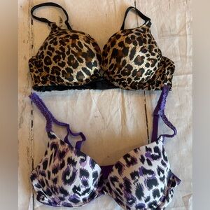 Lot of 2 Victorias Secret Padded Push Up Bra Size 34B Purple Black/Brown Animal